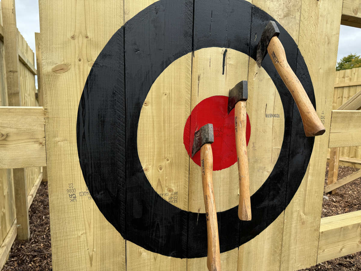 Three axes embedded in a wooden target at Escot Park